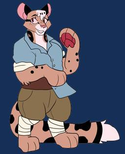 anthro bandage bandaged_leg clothed clothing fully_clothed gesture long_tail male paws red_eyes solo tail waving waving_at_viewer battycat reed_freefrolic_(battycat) felid leopard mammal pantherine alpha_channel model_sheet