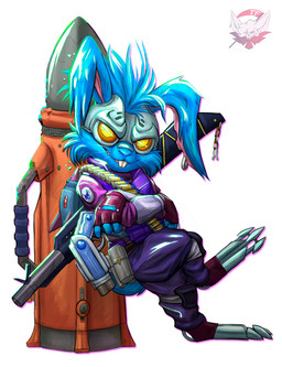 3_toes 4_fingers ammo_pouch anthro blue_body blue_fur blue_hair bottomwear bullet_belt clothing cybernetics ear_piercing ear_ring feet fingerless_gloves fingers fur gloves gun hair handgun handwear jacket lever_action_rifle looking_at_viewer machine male pants piercing pink_clothing pink_jacket pink_topwear pistol prosthetic prosthetic_leg prosthetic_limb purple_bottomwear purple_clothing purple_pants purple_topwear purple_vest ranged_weapon ring_piercing rocket_launcher solo toes topwear vest weapon fennephilim_fox blackjack_o'hare cyborg hare lagomorph leporid mammal