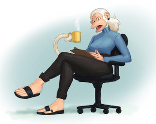 5_fingers 5_toes anthro beverage bottomwear chair clipboard clothed clothing container crossed_legs cup digit_ring feet female fingers footwear furniture hair hands_together holding_beverage holding_container holding_cup holding_mug holding_object jewelry looking_at_viewer mug office_chair open_mouth pants prehensile_tail red_eyes ring sandals shoes simple_background sitting solo steam sweater tail toe_ring toes topwear turtleneck white_hair redustheriotact lucy_(davestoons) haplorhine mammal monkey primate 2022 hi_res