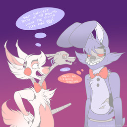 anthro bow_(feature) bow_tie duo female fur grumpy machine male onomatopoeia open_mouth sound_effects teeth text ventriloquist ask-the-mangle five_nights_at_freddy's five_nights_at_freddy's_2 scottgames mangle_(fnaf) withered_bonnie_(fnaf) animatronic lagomorph leporid mammal rabbit robot 1:1 english_text hi_res