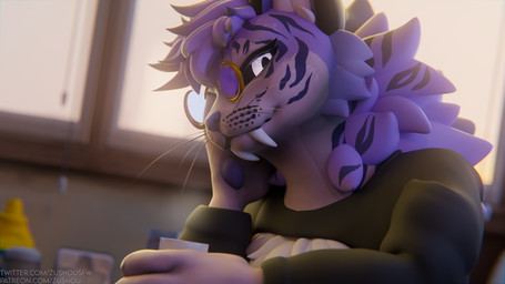 anthro beverage black_sclera bloom blue_nose clothing coffee comfy container cup eyelashes eyewear fangs female fur glasses holding_container holding_cup holding_object looking_at_viewer mane pawpads purple_body purple_eyes purple_fur sabertooth_(anatomy) smile smiling_at_viewer solo striped_body striped_fur stripes sunny sweater teeth topwear whiskers zushou zushou_(character) felid feline mammal 16:9 3d_(artwork) 4k absurd_res blender_(artwork) digital_media_(artwork) hi_res widescreen