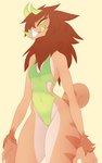 anthro brown_body brown_hair clothing female green_eyes green_tongue hair horn licking licking_lips multicolored_body one-piece_swimsuit side_cutout sideless_swimsuit simple_background smile solo standing swimwear teeth tongue tongue_out tusks two_tone_body nextel clair_(seel_kaiser) chameleon chimereon jackson's_chameleon lizard reptile scalie hi_res