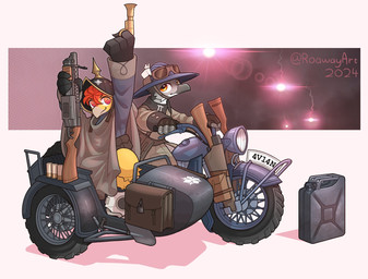 ambiguous_gender anthro armor clothing duo flare_gun grenade_launcher gun headgear helmet jerrycan looking_at_viewer motorcycle ranged_weapon sidecar smile uniform vehicle weapon roawayart ave_(roawayart) eurus_(roawayart) avian hi_res