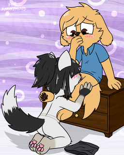 anthro blush bottomless clothed clothing covering covering_mouth cunnilingus female female/female fur genitals hair kneeling nude oral partially_clothed sex vaginal vulva willow_(pink) young pokefound da_silva canid canine canis domestic_cat domestic_dog felid feline felis mammal hi_res