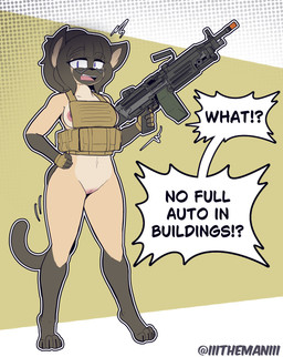 anthro areola biped bottomless bottomless_anthro bottomless_female breasts claws clothed clothed_anthro clothed_female clothing female fingers fur genitals gun hair holding_gun holding_object holding_ranged_weapon holding_weapon looking_at_viewer m249 nipples partially_clothed partially_clothed_anthro partially_clothed_female ranged_weapon solo tail teeth text tongue vulva weapon the_man sia_(the_man) domestic_cat felid feline felis mammal siamese_cat 2025 absurd_res digital_drawing_(artwork) digital_media_(artwork) english_text hi_res