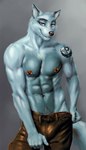 anthro arm_tattoo bedroom_eyes bethesda_softworks bleakcat blue_eyes bottomwear broad_shoulders brotherhood_of_steel_(fallout) brown_bottomwear brown_clothing brown_jeans brown_pants bulge_grab canid canine canis clothing denim denim_bottomwear denim_clothing ear_piercing fallout fenaykin_(character) flirting flirting_with_viewer fur hi_res insignia jeans looking_at_viewer male mammal microsoft muscular muscular_male narrowed_eyes navel navel_piercing nipple_piercing nipples pants piercing seductive shoulder_tattoo smile solo suggestive_pose tattoo white_body white_fur wolf