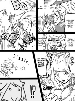 female magic magic_user male melee_weapon not_furry sword text warrior weapon jin_(mugenjin) elfxorc elf human humanoid mammal orc 3:4 comic english_text monochrome