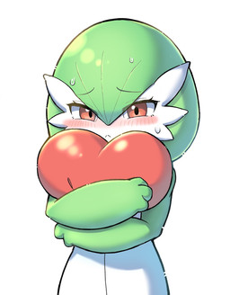 ambiguous_gender blush blush_lines bodily_fluids eye_through_pseudo_hair eyebrow_through_pseudo_hair eyebrows eyelashes green_pseudo_hair holding_heart holding_object looking_at_viewer pseudo_hair red_eyes simple_background solo sweat white_body sublender1234 nintendo pokemon gardevoir generation_3_pokemon humanoid pokemon_(species) 2026 hi_res