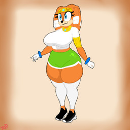 anthro big_breasts black_clothing black_footwear black_nose black_shoes blue_bracelet blue_eyes bottomwear bracelet breasts clothing eyelashes female footwear gloves gold_(metal) gold_jewelry green_bottomwear green_clothing green_shorts hair handwear jewelry legwear orange_body orange_hair shirt shorts simple_background smile solo tan_background thick_thighs three-quarter_view topwear white_clothing white_gloves white_handwear white_legwear white_shirt white_topwear yapbunny sega sonic_adventure sonic_the_hedgehog_(series) tikal_the_echidna echidna mammal monotreme 1:1 2025 absurd_res alternate_version_at_source cel_shading colored digital_media_(artwork) hi_res shaded signature spanish_description