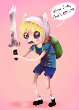 backpack blonde_hair blue_eyes blush clothing hair hat headgear headwear holding_melee_weapon holding_object holding_sword holding_weapon human_only male melee_weapon not_furry solo sword text weapon imalou adventure_time cartoon_network finn_the_human human mammal 2012 english_text grandfathered_content hi_res