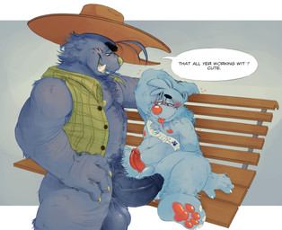 4_fingers 4_toes anthro balls bedroom_eyes bench big_balls big_penis blue_penis blush bodily_fluids body_hair chest_hair circle_eyebrows claws clothed clothing dialogue drooling duo eyebrows facial_hair farmer feet fingers foreskin genital_fluids genitals green_claws green_clothing green_nipples green_nose hand_behind_head hat headgear headwear heart_symbol leaking_precum looking_at_genitalia looking_at_penis looking_down looking_down_at_partner male male/male motion_lines narrowed_eyes nervous nipples on_bench open_mouth partially_clothed pawpads penis penis_size_difference plap precum precum_string pubes public public_sex red_nipples red_nose red_penis saliva sash seductive sex simple_background sitting sitting_on_bench size_difference slightly_chubby small_penis smile speech_bubble spread_legs spreading standing text thick_eyebrows toes topwear vein veiny_penis vest wheat_in_mouth white_claws duckbrained bugsnax young_horses filbo_fiddlepie wambus_troubleham grumpus digital_drawing_(artwork) digital_media_(artwork) english_text hi_res