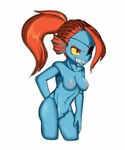 areola breasts eye_patch eyebrows eyewear female genitals gills hair hand_behind_back hand_on_leg innie_pussy leaning leaning_forward navel nipples non-mammal_breasts non-mammal_nipples ponytail pussy raised_eyebrow shark_teeth simple_background solo white_background yellow_sclera lfer undertale_(series) undyne fish marine 2019