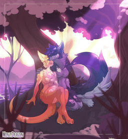 anthro arm_around_shoulders biped border breasts cuddling dappled_light duo featureless_breasts female female/female forest fur lake orange_body outside plant purple_body purple_fur river romantic romantic_ambiance romantic_couple sitting sunrise sunset tree minze canid canine mammal scalie digital_media_(artwork) full-length_portrait portrait restricted_palette warm_colors
