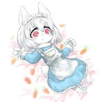 4_toes 5_fingers anthro blue_clothing carrot_print clothing feet female fingers fur maid_apron maid_headdress maid_uniform red_eyes scut_tail short_tail solo tail toes uniform white_body white_fur young young_anthro young_female ctog futaba_channel nijiura_maids jersey_wooly-san lagomorph leporid mammal rabbit 2019 hi_res