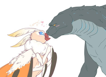 antennae_(anatomy) blush bodily_fluids duo female feral heart_symbol male nuzzling simple_background sweat white_background vergolophus godzilla_(series) monsterverse mothra_(series) toho godzilla mothra arthropod insect lepidopteran moth 2019