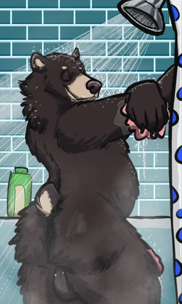 anthro balls bathing butt detailed_background fur genitals guiche_piercing happy humanoid_genitalia humanoid_penis male nude penis piercing raised_tail shower showering smile solo tail water wet fivespot tailtufts apawcalyptic ender ender_cooper bear black_bear mammal ursine absurd_res digital_media_(artwork) hi_res