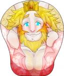 abs anthro blonde_hair blue_eyes clothing crown facial_hair glistening glistening_eyes hair headgear horn long_ears long_horn looking_at_viewer male mature_anthro mature_male mousepad simple_background solo rie_(artist) undertale undertale_(series) asgore_dreemurr boss_monster_(undertale) bovid caprine mammal 2016 low_res