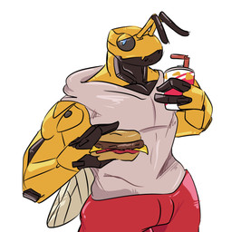 antennae_(anatomy) beverage blue_eyes brown_body burger clothing food hoodie male maroon_clothing muscular muscular_male simple_background topwear white_clothing yellow_body ogden_(entitropy) arthropod hornet hymenopteran insect vespid wasp absurd_res hi_res