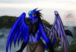 anthro beak blue_body blue_feathers clothing feathered_wings feathers fog looking_at_viewer male mechanical_wings outside photo_background plant red_eyes sky solo tree wings snowfyre avian bird 2010 photography_(artwork)