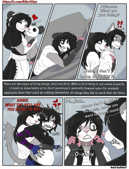 angry anthro black_eyes black_hair black_nose clothing duo female fur hair male male/female pink_nose plushie tail teddy_bear text white_body white_fur allartskye evelyne_(allartskye) kia_(allartskye) skye_(allartskye) american_opossum canid canine canis domestic_cat felid feline felis mammal marsupial wolf comic english_text hi_res