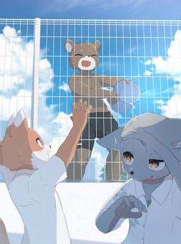 anthro black_clothing black_swimming_trunks black_swimwear brown_body brown_fur bucket clothing container eyes_closed fence fur grey_body grey_fur group kemono male open_mouth playful shirt shirtless_male swimming_trunks swimwear topwear trio water wet white_clothing white_shirt white_topwear young young_anthro young_male shibireru mammal 2024 hi_res japanese_description