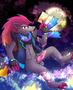 anthro balls blue_scarf bodily_fluids card clothing dripping drooling fur genital_fluids genitals gradient_clothing knot light major_arcana male midriff moonlight omega_symbol precum precum_drip red_body red_fur saliva scarf solo star star_pattern symbol tarot tarot_card the_lovers_(tarot) tongue topwear vest yellow_body yellow_fur darkanroc nintendo pokemon generation_5_pokemon pokemon_(species) zoroark hi_res