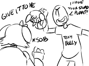 accessory anthro bodily_fluids bow_(feature) bow_accessory bow_ribbon bully bullying crying dialogue duo female hair_accessory hair_bow hair_ribbon machine male mean puppet ribbons taunting tears text badgeanon five_nights_at_freddy's five_nights_at_freddy's_2 scottgames anon mangle_(fnaf) animatronic canid canine fox human mammal robot robot_anthro 4:3 english_text monochrome