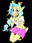 2023 3:4 alpha_channel blue_hair blush bottomwear clothing crop_top demon discount-supervillain female hair horn horned_humanoid humanoid humanoid_pointy_ears kneeling midriff not_furry pointy_ears shirt shorts simple_background solo topwear transparent_background yellow_body yellow_skin