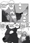 angry anthro bear big_bad_wolf blush canid canine canis comic dialogue duo english_text fairy_tales greyscale hi_res little_red_riding_hood_(copyright) male male/male mammal maririn monochrome nude text wolf