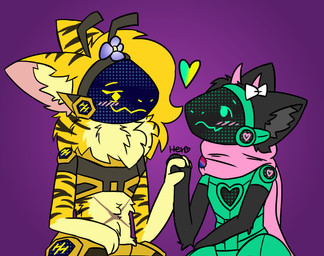 abdominal_scar accessory antennae_(anatomy) anthro bisexual_pride_colors blush blush_lines bow_ribbon clothed clothing columbine_(flower) duo female flower flower_in_hair fluffy fur hair hair_accessory hand_holding happy head_tuft heart_symbol horn inner_ear_fluff lgbt_pride looking_at_another machine male multicolored_body neck_tuft patch_(fabric) plant pride_colors scar scarf striped_body striped_fur stripes tuft two_tone_body unusual_eyes hexemerald h0p3 hex_emerald arthropod bee bovid caprine goat hybrid hymenopteran insect mammal protogen signature