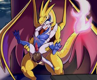 abdominal_bulge anal anal_penetration animal_genitalia animal_penis anthro anthro_on_anthro anthro_penetrated anthro_penetrating anthro_penetrating_anthro bared_teeth big_penis blue_body blush blush_lines bodily_fluids breath bulge butt claws clenched_teeth dominant dripping duo erection feet femboy from_behind_position front_view fucked_silly genital_fluids genital_slit genitals heart_eyes heart_symbol larger_anthro larger_dom larger_male leaking_precum leg_grab male male/male male_penetrated male_penetrating male_penetrating_male markings markings_on_body membrane_(anatomy) membranous_wings narrowed_eyes nude panting penetration penile penile_penetration penis penis_in_ass precum precum_drip precum_on_own_penis precum_on_penis precum_squirt reverse_stand_and_carry_position sex size_difference smaller_male smaller_penetrated spread_legs spread_wings spreading standing standing_sex tail teeth teeth_showing toe_claws white_body wings yellow_body voltek mythology nintendo pokemon fan_character shao_(shaonics) voltek_(character) charizard dragon generation_1_pokemon mythological_creature mythological_scalie pokemon_(species) scalie absurd_res hi_res