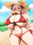 accessory big_breasts bikini biped breasts burger clothed clothing eating female food hair hair_accessory hairpin halo hat headgear headwear horn huge_breasts nipple_outline open_mouth pupils solo straw_hat swimwear thick_thighs two-piece_swimsuit jadf blue_archive izumi_(blue_archive) horned_humanoid humanoid absurd_res hi_res