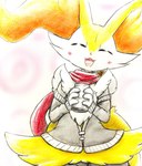 ambiguous_gender anthro blush blush_lines clothing container cup eyes_closed featureless_crotch fluffy fluffy_tail fur happy inner_ear_fluff open_mouth orange_body orange_fur scarf solo stick tail tongue tuft white_body white_fur yellow_body yellow_fur eiroru nintendo pokemon braixen canid canine generation_6_pokemon mammal pokemon_(species) 2024 graphite_(artwork) hi_res traditional_media_(artwork)