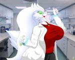 anthro big_breasts breasts clothed clothing coat eyewear female fur glasses green_eyes hair huge_breasts lab_coat laboratory long_hair nerd pokemorph scientist smart solo topwear white_body white_fur white_outerwear bds_charmeleon nintendo pokemon remadi generation_5_pokemon legendary_pokemon pokemon_(species) reshiram absurd_res digital_media_(artwork) hi_res