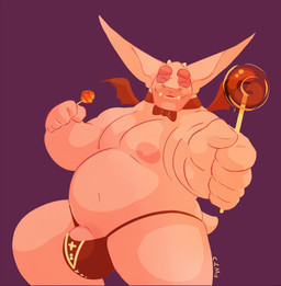 belly big_belly big_ears bulge candy clothed clothing dessert eyes_closed food front_view genitals holding_candy holding_food holding_object horn male moobs navel nipples not_furry obese obese_humanoid obese_male overweight overweight_humanoid overweight_male penis penis_base pink_body pink_nipples pink_skin purple_background simple_background small_horn smile solo teeth topless chocolateandmilk vincent_(chocolate-beverage) humanoid imp 2018 dated hi_res