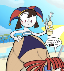 anthro beach beach_umbrella big_butt bikini bikini_bottom blue_bikini blue_clothing blue_swimwear blush brown_hair butt butt_focus button_(fastener) button_eyes caine_censorship censor_bar clothed clothing dialogue doll duo female female/female fool's_hat hair hat headgear headwear jester looking_back not_furry onomatopoeia outside palm_tree parasol plant red_hair sand seaside slim sound_effects swimwear text thick_thighs tree two-piece_swimsuit water white_body sebaku glitch_productions the_amazing_digital_circus pomni_(tadc) ragatha_(tadc) animate_inanimate human humanoid living_doll living_toy mammal 2026 absurd_res digital_media_(artwork) english_text hi_res