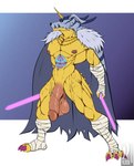 abs anthro anthrofied balls bandage biceps big_balls big_penis cape cape_only circumcised clothing darkened_balls darkened_genitalia darkened_penis digimorph dual_wielding flaccid genitals glans holding_object holding_weapon horn huge_balls huge_penis humanoid_genitalia humanoid_penis male manly melee_weapon mostly_nude mostly_nude_anthro mostly_nude_male muscular muscular_anthro muscular_male nipples pecs penis quads saggy_balls solo sword vein veiny_muscles veiny_penis weapon wraps iudicium86 bandai_namco digimon digimon_(species) gabumon 2024 hi_res