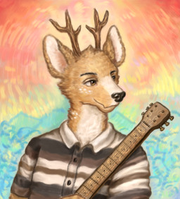acoustic_guitar anthro antlers big_ears brown_eyes button_(fastener) clothing collared_shirt dress_shirt ears_up eyebrows forest guitar horn looking_aside male mountain mountain_range musical_instrument plant plucked_string_instrument shirt smile solo string_instrument topwear tree reynard_goodfellow deer mammal