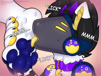 4_toes ambiguous_gender anthro black_hair blue_claws blue_pawpads bodily_fluids claws close-up collar collar_tag disembodied_foot duo feet foot_fetish foot_grab foot_lick fur hair half-closed_eyes inner_ear_fluff licking looking_pleasured machine male moan multicolored_body multicolored_fur narrowed_eyes pawpads protogen_visor saliva saliva_on_tongue short_hair side_view simple_background snout sweat toes tongue tuft yellow_eyes inkoofficail protogen 2026 colored digital_drawing_(artwork) digital_media_(artwork) hi_res shaded