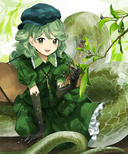 :d apode bottomwear claws clothing curly_hair female green_body green_bottomwear green_clothing green_eyes green_hair green_scales green_skirt hair hat headgear headwear legless looking_at_viewer open_mouth open_smile puffy_sleeves scales serpentine short_sleeves skirt smile solo split_form kaigen_1025 touhou takane_yamashiro draconcopode lamia reptile scalie snake 2023 5:6 absurd_res hi_res
