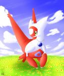 ambiguous_gender claws cloud flower grass jewelry necklace nude outside plant red_body red_skin sky solo white_body white_skin yellow_eyes sol-lar-bink nintendo pokemon enatias fan_character generation_3_pokemon latias legendary_pokemon pokemon_(species) 2014 digital_media_(artwork) hi_res