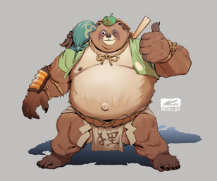anthro asian_clothing belly big_belly blush brown_body brown_fur clothing east_asian_clothing fundoshi fur humanoid_hands japanese_clothing male moobs navel nipples one_eye_closed overweight overweight_male solo standing underwear wink mielua blizzard_entertainment overwatch roadhog_(overwatch) canid canine mammal raccoon_dog tanuki 2025