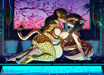 anthro bedroom_eyes big_breasts big_butt breast_squish breasts breasts_frottage butt duo eyes_closed female female/female narrowed_eyes patreon_logo poolside reclining seductive squish text twitter_logo artofthediscipline furaffinity patreon telegram twitter canid canine canis cheetah felid feline mammal wolf 2020 absurd_res hi_res url