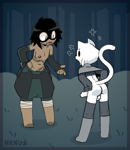 5_fingers angry anthro areola arm_tattoo armwear backsack balls barefoot barely_visible_genitalia barely_visible_vulva big_eyes big_penis biped black_border black_eyebrows black_eyes black_hair black_nose boots border bottomless bottomless_anthro bottomless_male bottomwear breath brown_areola brown_nipples capelet casual_erection casual_exposure cheek_tuft clothed clothed_anthro clothed_female clothed_human clothed_male clothing cross-popping_vein cute_fangs duo elbow_gloves erection eyebrows facial_tuft fangs featureless_feet feet female female_human fingerless_gloves fingers flat_chested foot_tattoo footwear genitals gloves green_armwear green_bottomwear green_clothing green_elbow_gloves green_fingerless_gloves green_gloves green_handwear green_pants grey_armwear grey_boots grey_border grey_bottomwear grey_capelet grey_clothing grey_elbow_gloves grey_fingerless_gloves grey_footwear grey_gloves grey_handwear grey_legwear grey_pants grey_shoes grey_tattoo grey_text grey_topwear hair hand_on_hip hand_on_own_hip hands_on_hips handwear hip_tattoo humanoid_genitalia humanoid_hands humanoid_penis ineffective_clothing leaning leaning_forward leg_wraps legwear long_tail looking_at_another male male_anthro monotone_armwear monotone_body monotone_boots monotone_capelet monotone_clothing monotone_footwear monotone_hair monotone_handwear monotone_legwear monotone_shoes monotone_topwear multicolored_armwear multicolored_border multicolored_bottomwear multicolored_clothing multicolored_elbow_gloves multicolored_fingerless_gloves multicolored_gloves multicolored_handwear navel nipples no_irises noseless open_mouth outside pants penis plantigrade pointy_ears prick_ears pupils raised_tail shoes short_hair simple_eyes slit_pupils standing tail talking_to_another tan_body tattoo teeth text topless topless_female topless_human topwear tuft two_tone_armwear two_tone_bottomwear two_tone_clothing two_tone_elbow_gloves two_tone_fingerless_gloves two_tone_gloves two_tone_handwear two_tone_pants vulva white_body white_sclera white_tuft wraps nekuzx neve_the_half-beast tana_the_human domestic_cat felid feline felis human mammal 2026 artist_name