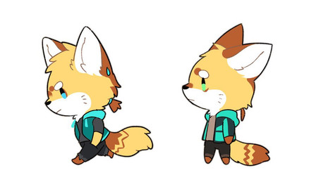 anthro black_bottomwear black_clothing black_nose black_pants blue_clothing blue_topwear bottomwear brown_body brown_ears brown_fur cheek_tuft chibi clothed clothing countershading duo facial_tuft fur grey_clothing grey_topwear head_tuft inner_ear_fluff male mouth_closed pants simple_background simple_eyes standing three-quarter_view topwear tuft unsigned walking white_background white_body white_fur white_inner_ear white_inner_ear_fluff yellow_body yellow_fur asnnonaka canid mammal