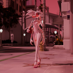 anthro casual_nudity clothing eyewear footwear fur glasses high_heels male purse shoes solo walking wearing_glasses white_body white_fur fishfunk_(artist) fishfunk_(modeler) hazbin_hotel hellaverse angel_dust arachnid arthropod spider 1:1 3d_(artwork) digital_media_(artwork) hi_res