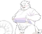 anthro balls belly blush clothing electric_fan eyes_closed flaccid genitals kemono male overweight overweight_male penis plushie pubes shirt simple_background solo topwear inunoshippo canid canine canis domestic_dog mammal 2024