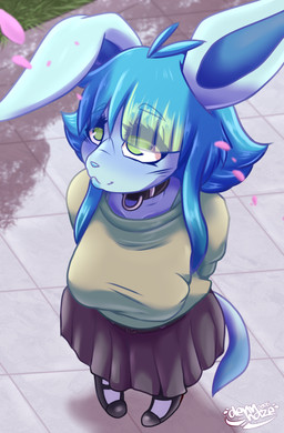 anthro anthrofied big_breasts big_ears blue_body blue_hair blurred_background blush bottomwear breasts cherry_blossom clothed clothing collar concrete female floppy_ears flower footwear grass green_eyes hair hands_behind_back happy high-angle_view legwear lips lipstick looking_at_viewer looking_up makeup multicolored_body multicolored_hair pathway petals plant pokemorph prunus_(flower) shoes short_hair skirt smile solo sweater tail thick_thighs topwear tree two_tone_body two_tone_hair wide_hips dennhaze nintendo pokemon fan_character irene_(dennhaze) eeveelution generation_4_pokemon glaceon mammal pokemon_(species) absurd_res digital_media_(artwork) hi_res