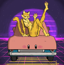 anthro black_eyes breasts butt car countershading duo female genitals looking_at_viewer pink_body pink_skin rosy_cheeks synthwave vehicle vulva black_kek kirby_(series) kirby_and_the_forgotten_land nintendo clawroline kirby alien felid leopard mammal pantherine waddling_head 2022 absurd_res hi_res
