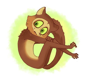 anthro bodily_fluids curled_up frown green_eyes male solo sweat sweatdrop tail umekonbuoni all_hail_king_julien dreamworks madagascar_(series) willie_(madagascar) bamboo_lemur golden_bamboo_lemur lemur mammal primate strepsirrhine